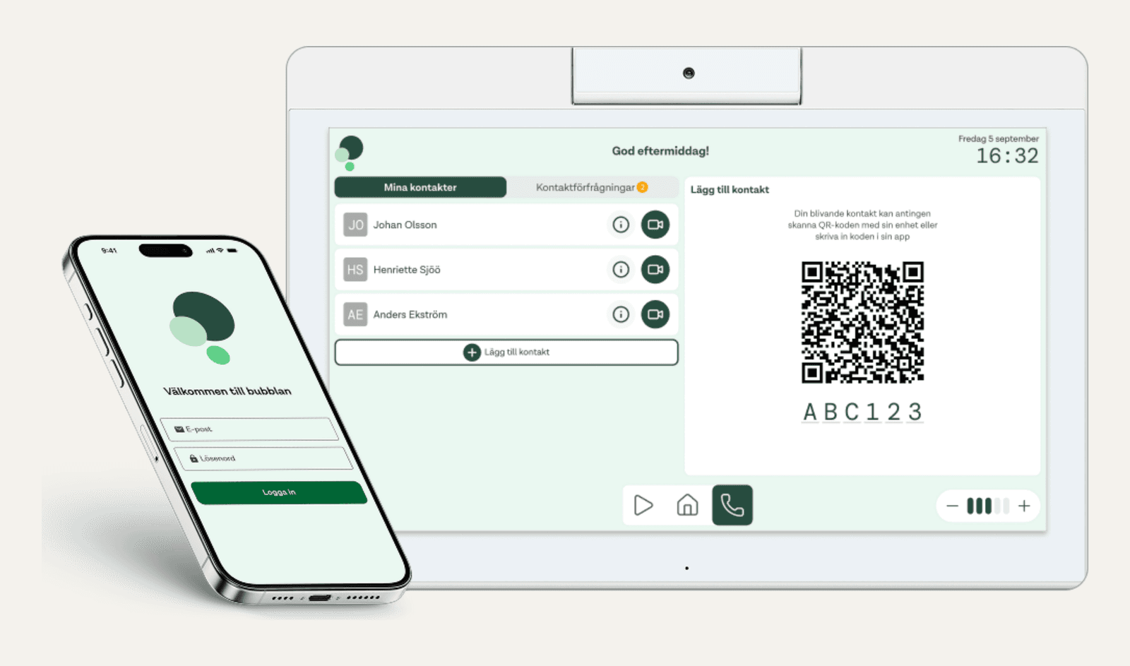 Bubblans inloggningsskärm på mobilen och kontaktlistan med QR-parkoppling på hubben