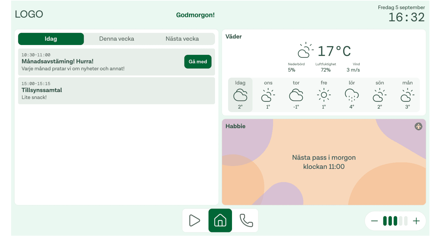 New Bubblan home screen with today/week schedule, weather, and next video session