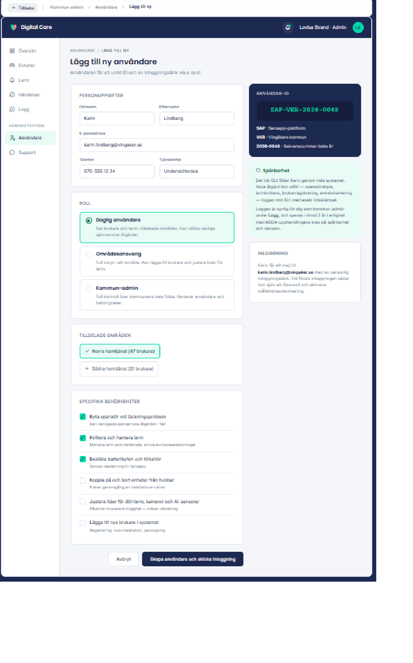 The flow for adding a new municipal user with role-based permissions and an audit log