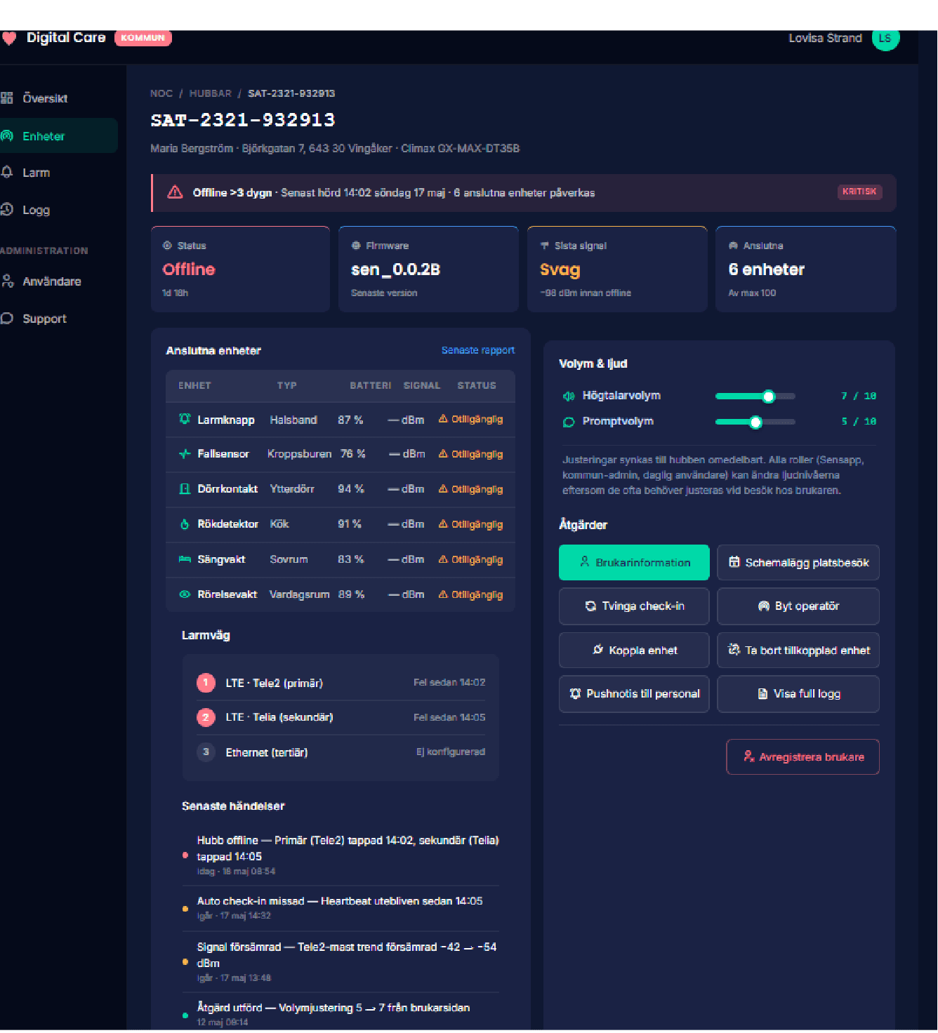 Detail view for a single hub with connected devices, alarm path, and self-service actions like changing operator