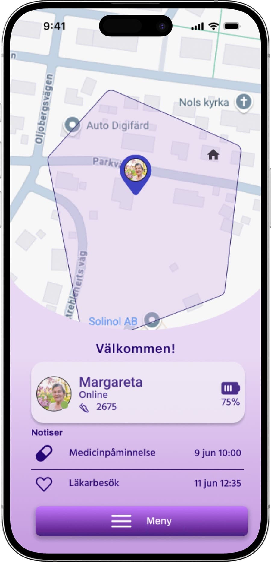 Appens välkomstskärm med karta, trygghetszon och senaste notiser